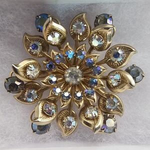 Vintage 50s Atomic Starburst Rhinestone Brooch Gold Tone AB Crystal Mid Century